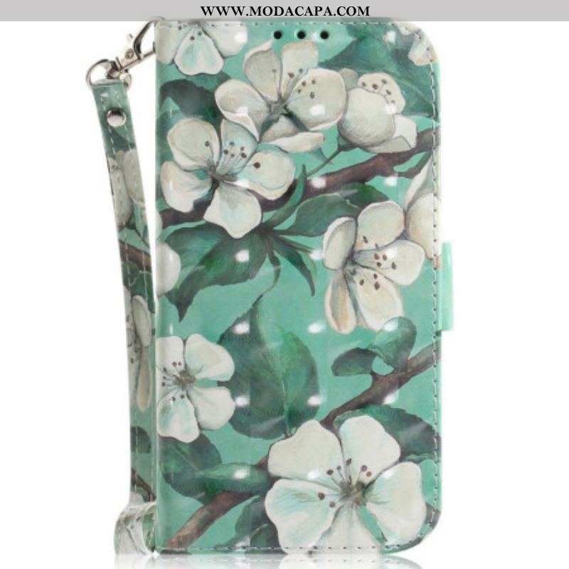 Capa Folio Para OnePlus Nord 2T 5G De Cordão Flores Brancas Com Tiras