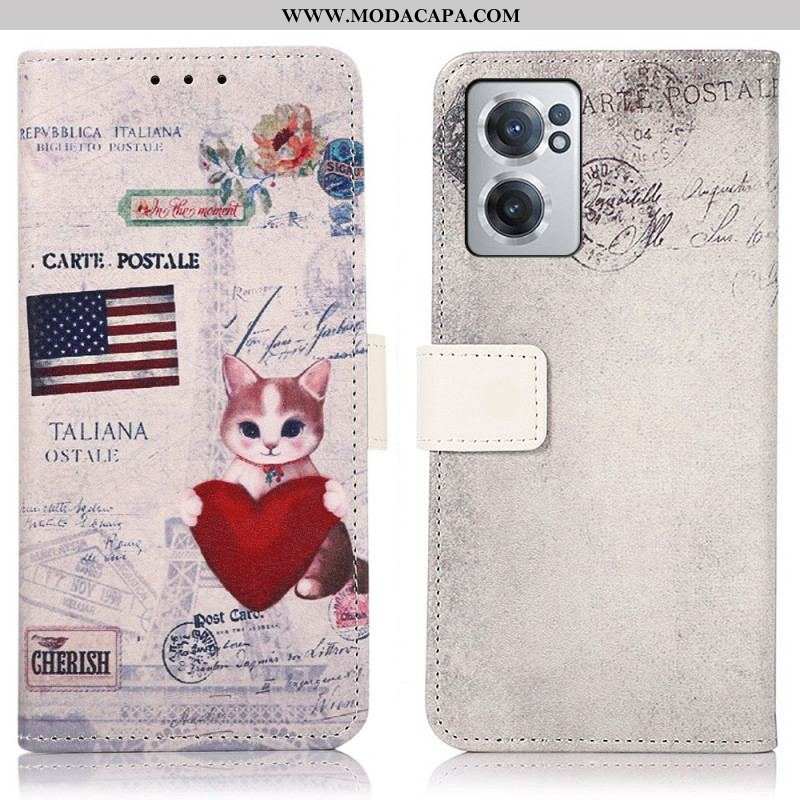 Capa Folio Para OnePlus Nord CE 2 5G Gato Americano