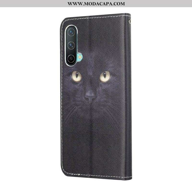 Capa Flip Para OnePlus Nord CE 5G De Cordão Olhos De Gato Preto Com Tiras