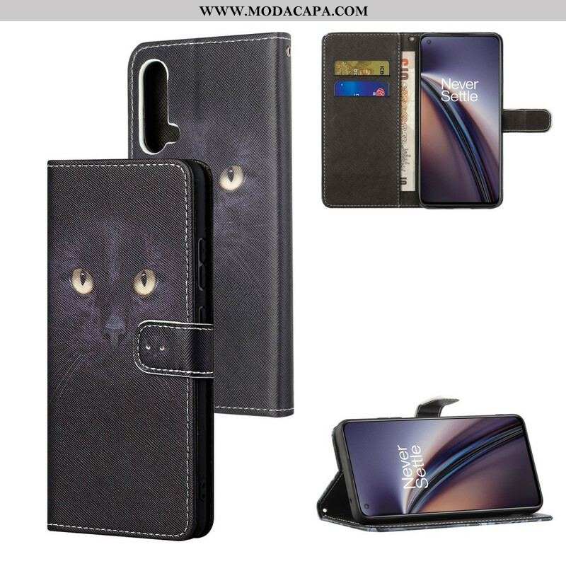 Capa Flip Para OnePlus Nord CE 5G De Cordão Olhos De Gato Preto Com Tiras