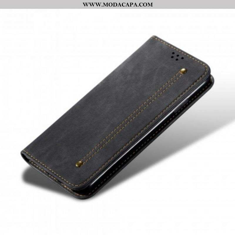 Capa De Celular Para Oppo A15 Flip Textura De Jeans De Couro Sintético