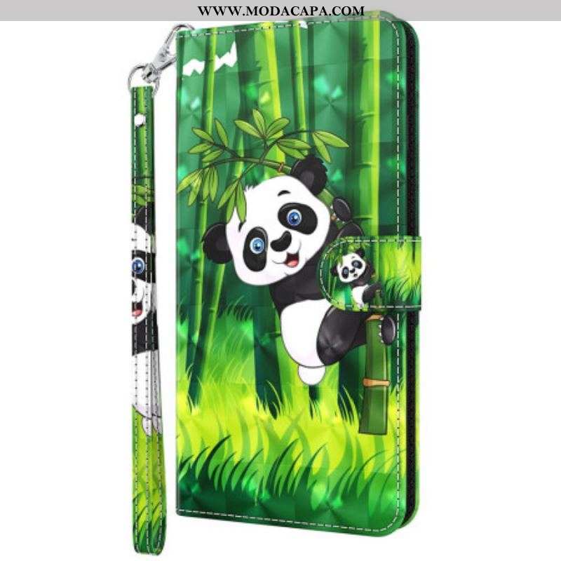 Capa Flip Para Oppo A54 5G / A74 5G De Cordão Panda E Bambu Com Lanyard