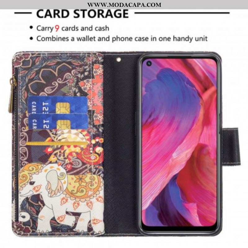 Capa Em Pele Para Oppo A54 5G / A74 5G Bolso Elefante Com Zíper