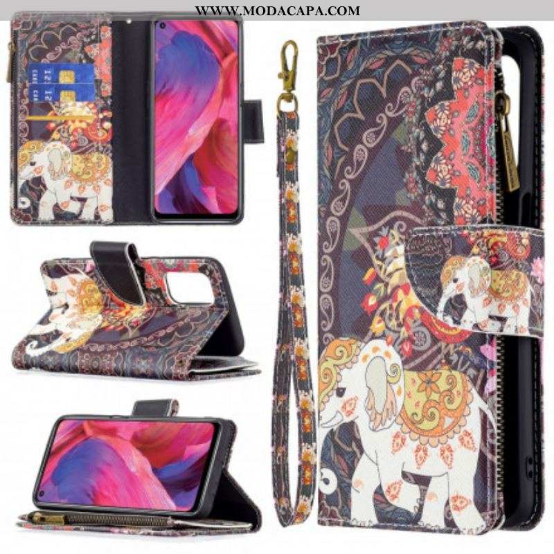 Capa Em Pele Para Oppo A54 5G / A74 5G Bolso Elefante Com Zíper