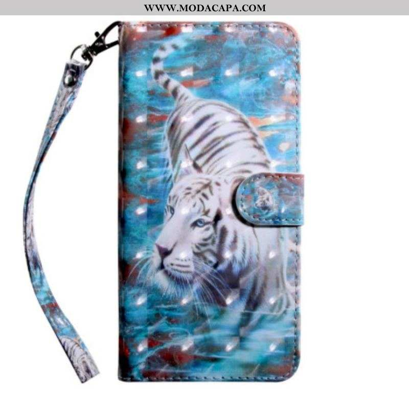 Capa Flip Para Oppo A54 5G / A74 5G Couro Sintético De Tigre Com Cordão