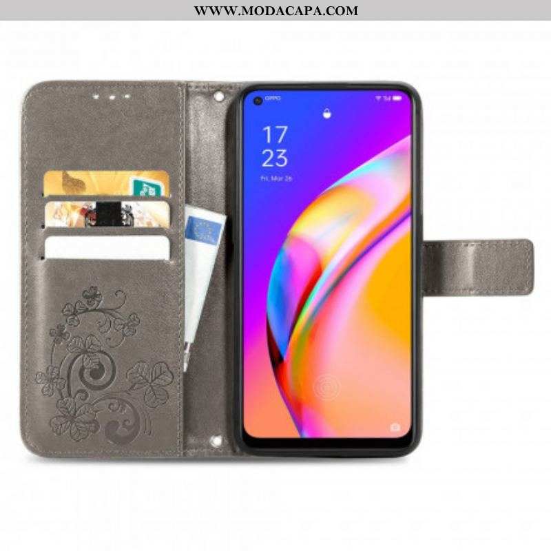 Capa Em Pele Para Oppo A94 5G Trevo-de-quatro-folhas