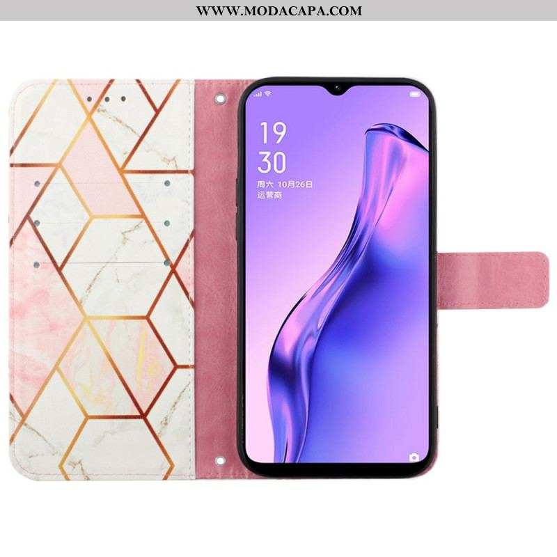 Capa De Couro Para Oppo A94 5G Mármore Geométrico Com Alça