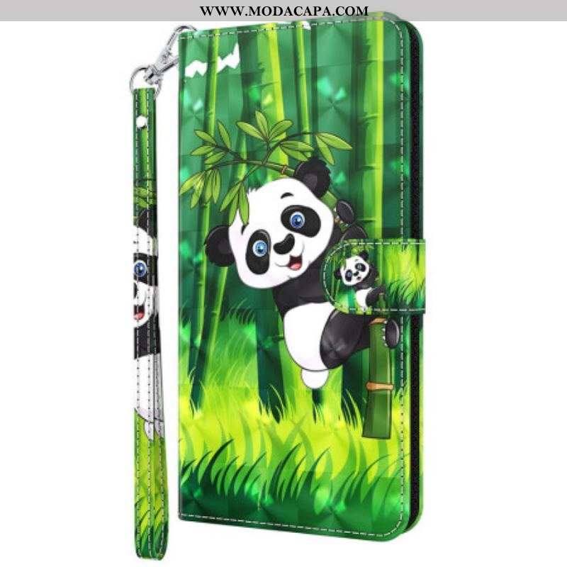 Capa De Couro Para Oppo A94 5G Panda Com Cordão