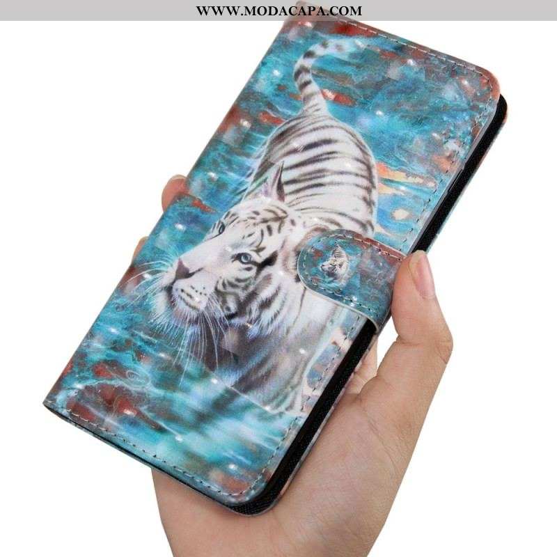 Capa Flip Para Oppo A94 5G Couro Sintético De Tigre Com Cordão