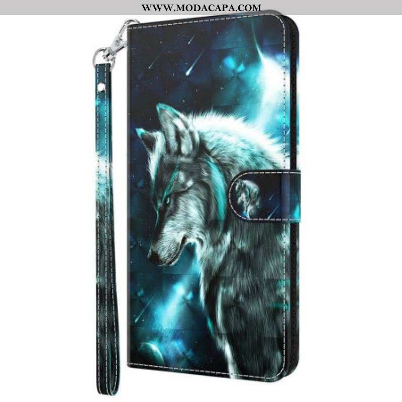 Capa De Couro Para Oppo A94 5G Lobo Com Cordão