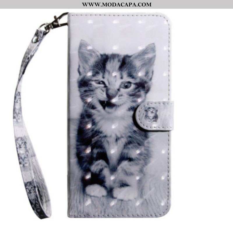 Capa De Couro Para Oppo A94 5G Gatinho Com Cordão