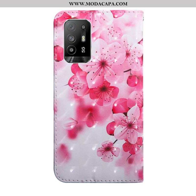 Capa Flip Para Oppo A94 5G Flores Rosas Com Cordão