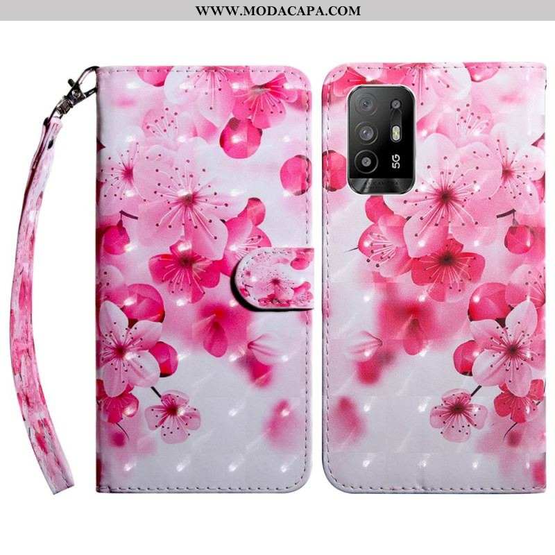 Capa Flip Para Oppo A94 5G Flores Rosas Com Cordão