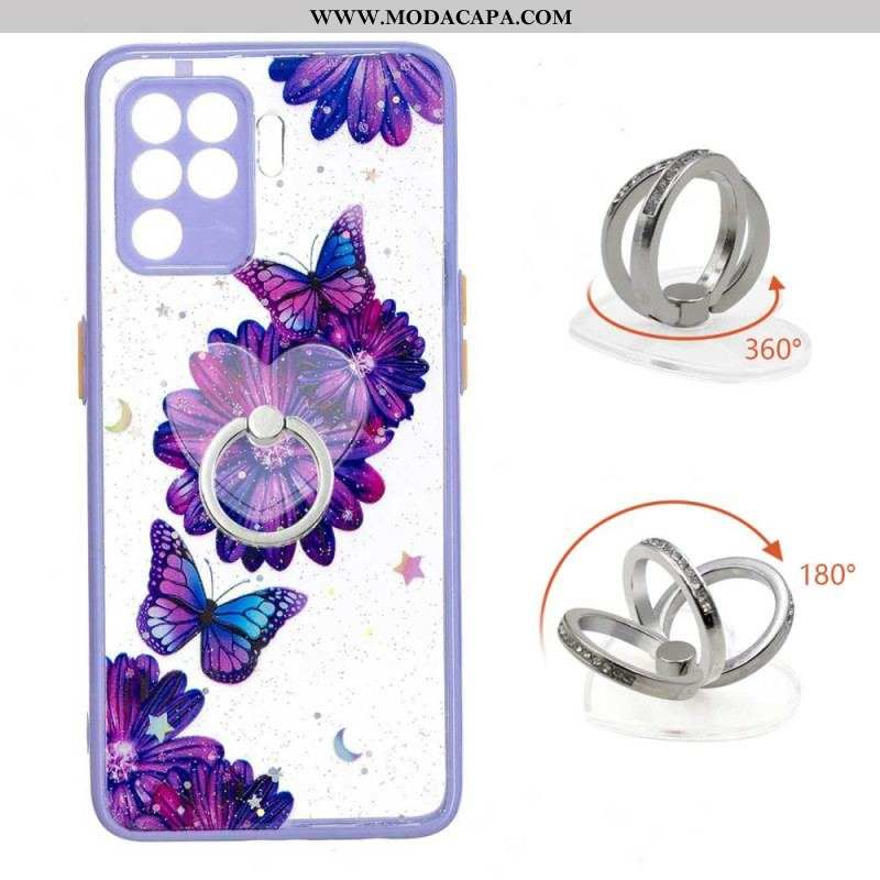 Capa Para Oppo A94 5G Borboleta Flor Roxa Com Anel