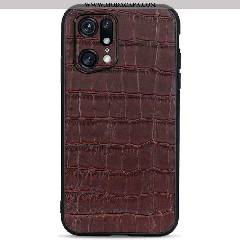 Capa Para Oppo Find X5 Pro Couro Genuíno Com Textura De Crocodilo