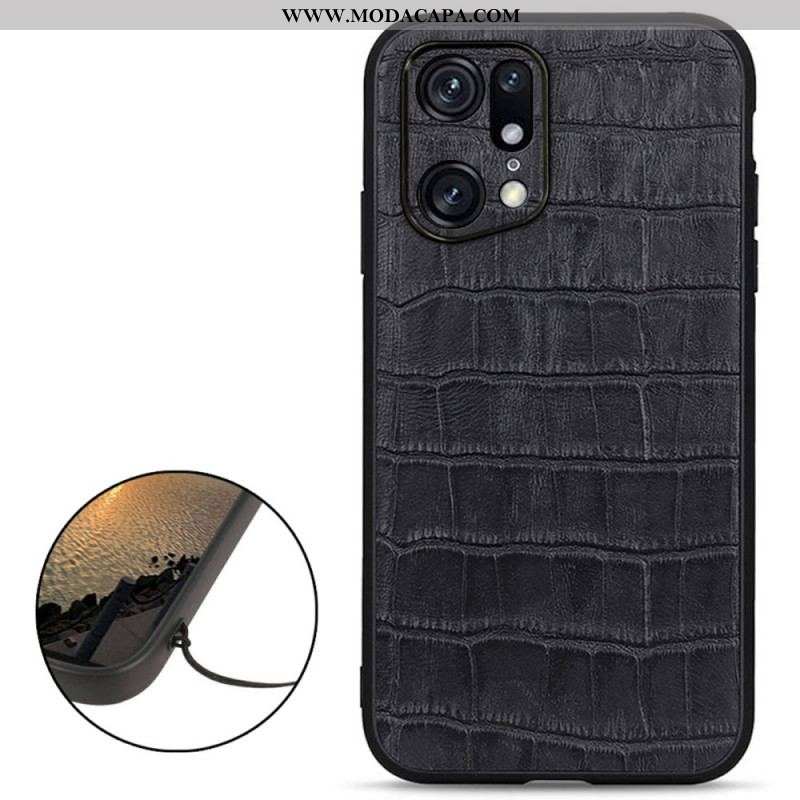 Capa Para Oppo Find X5 Pro Couro Genuíno Com Textura De Crocodilo