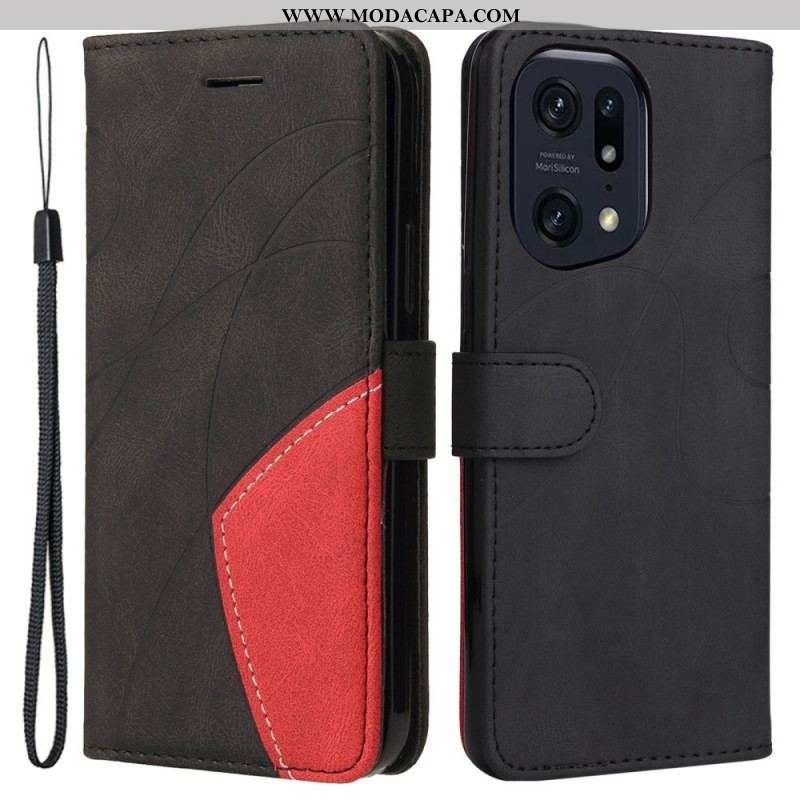 Capa De Couro Para Oppo Find X5 Pro De Cordão Correia De Dois Tons