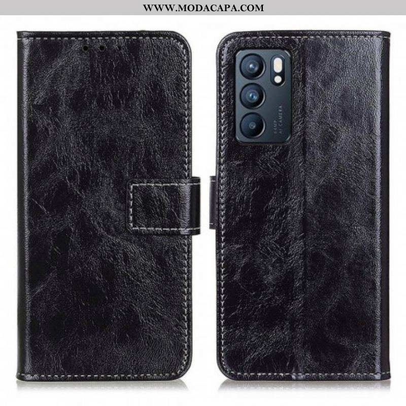 Capa Flip Para Oppo Reno 6 5G Costuras Brilhantes E Expostas