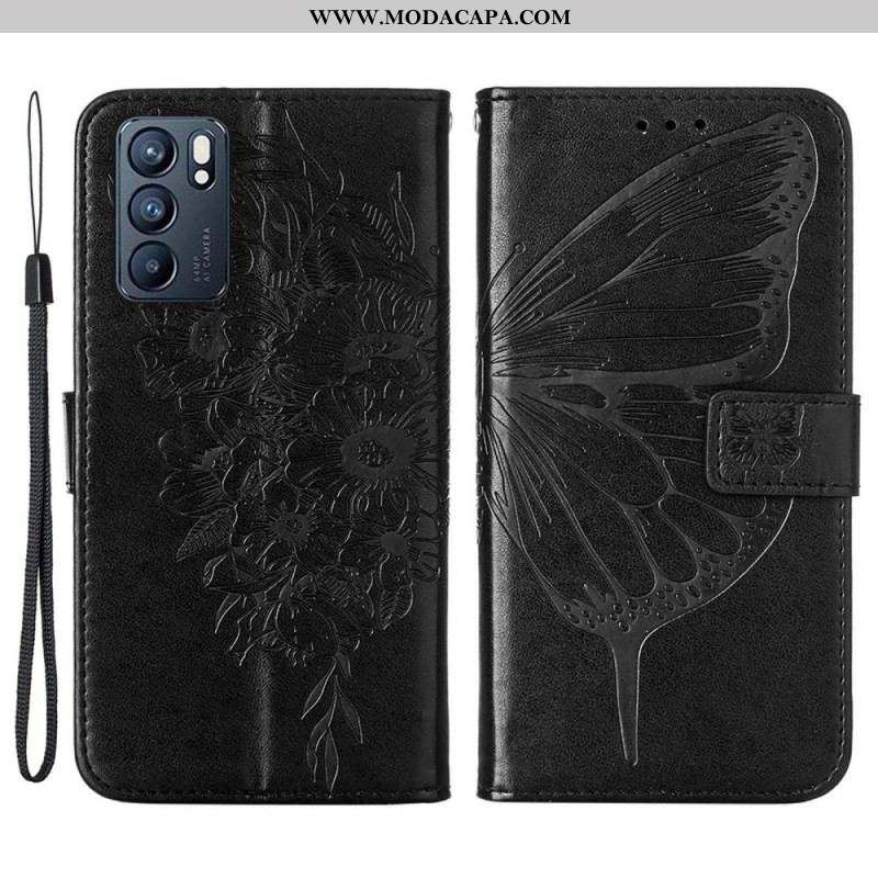 Capa Flip Para Oppo Reno 6 5G Desenho De Borboleta