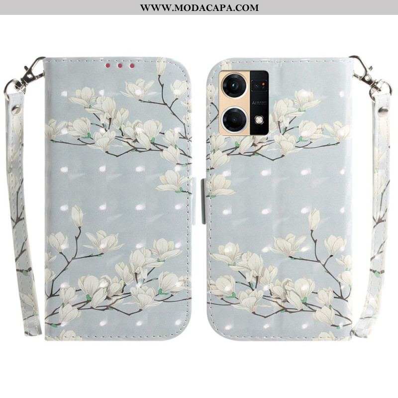 Capa Folio Para Oppo Reno 7 Ramo De Flores Brancas