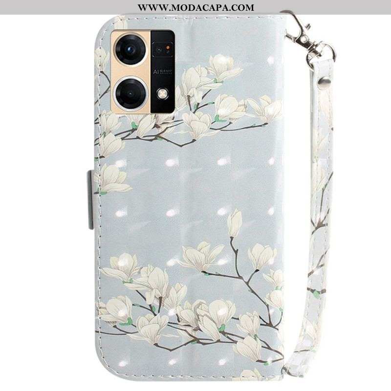 Capa Folio Para Oppo Reno 7 Ramo De Flores Brancas