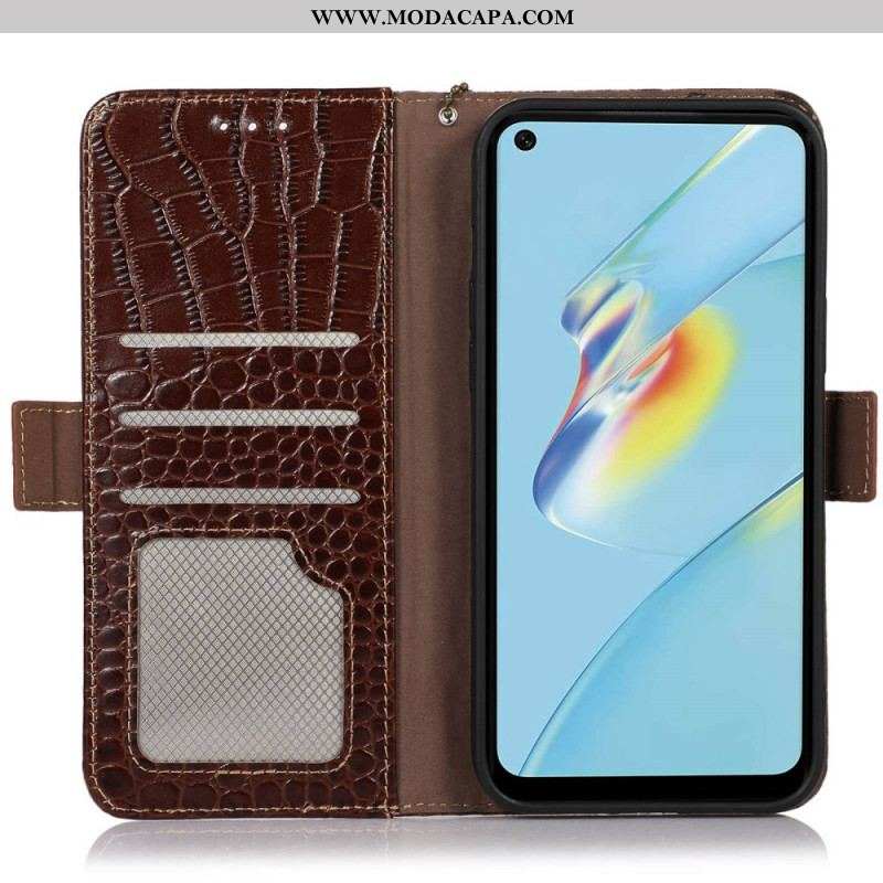 Capa Em Pele Para Oppo Reno 7 Couro Genuíno Estilo Crocodilo Rfid