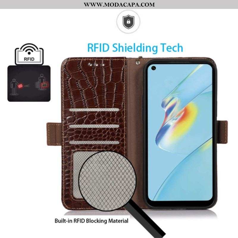 Capa Em Pele Para Oppo Reno 7 Couro Genuíno Estilo Crocodilo Rfid