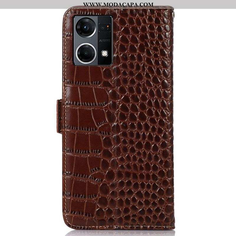 Capa Em Pele Para Oppo Reno 7 Couro Genuíno Estilo Crocodilo Rfid