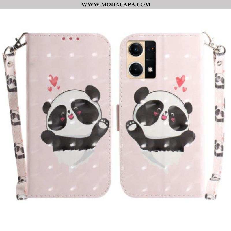 Capa Em Pele Para Oppo Reno 7 De Cordão Panda Love Com Cordão
