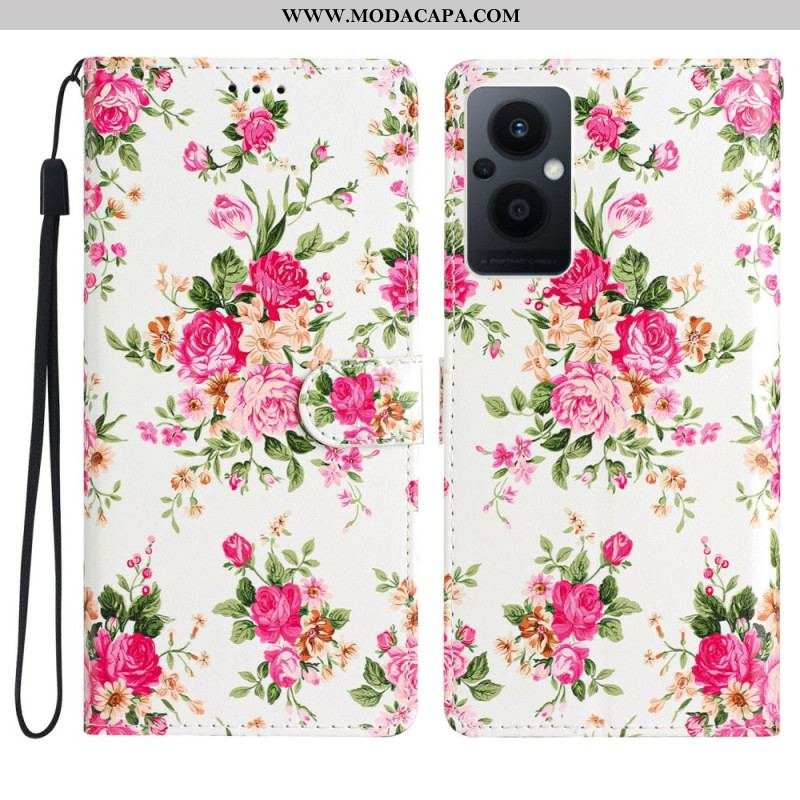 Capa Flip Para Oppo Reno 8 Lite De Cordão Flores Da Liberdade Da Correia