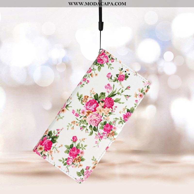 Capa Flip Para Oppo Reno 8 Lite De Cordão Flores Da Liberdade Da Correia