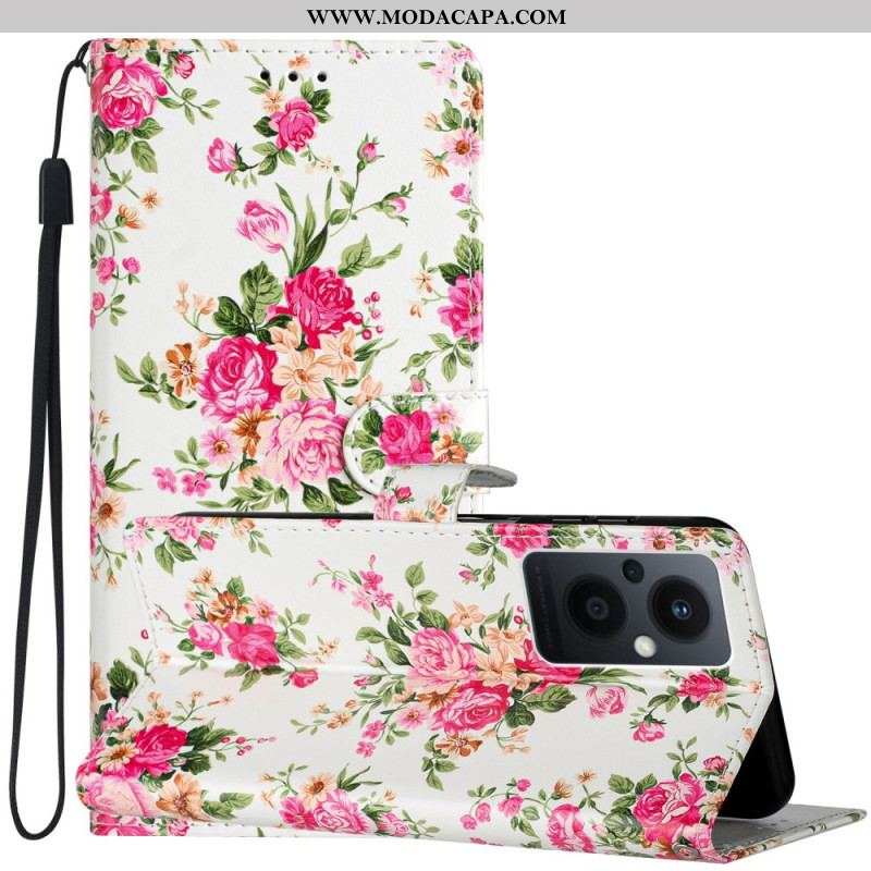 Capa Flip Para Oppo Reno 8 Lite De Cordão Flores Da Liberdade Da Correia