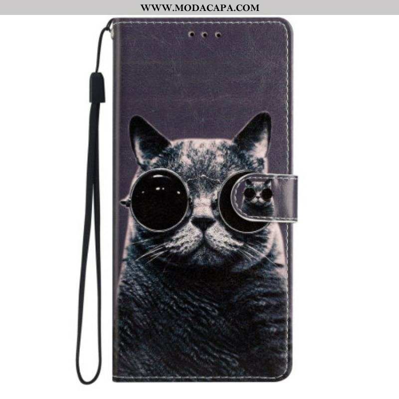 Capa Em Pele Para Oppo Reno 8 Lite De Cordão Óculos De Tiras Para Gatos