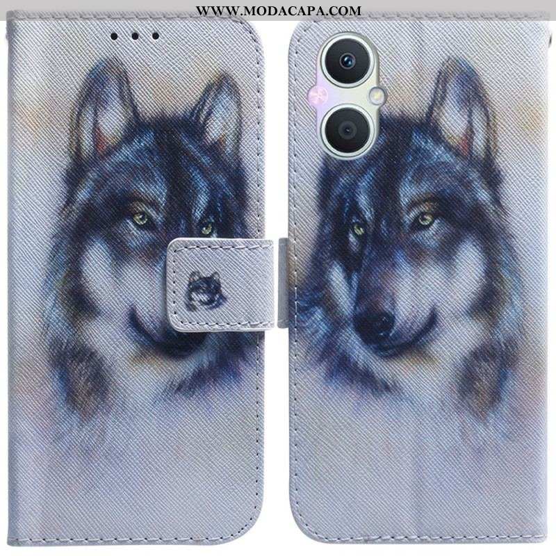 Capa Flip Para Oppo Reno 8 Lite Aquarela Lobo