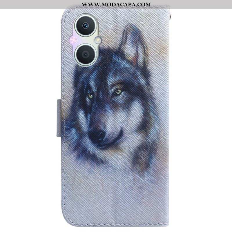 Capa Flip Para Oppo Reno 8 Lite Aquarela Lobo