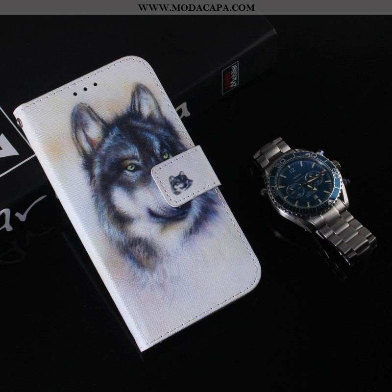 Capa Flip Para Oppo Reno 8 Lite Aquarela Lobo