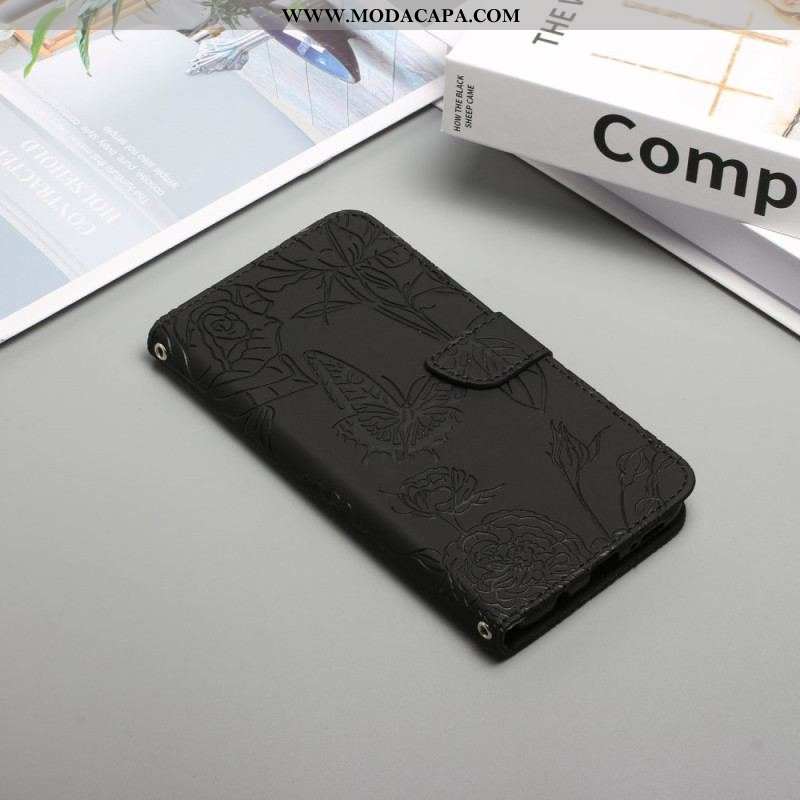 Capa Flip Para Oppo Reno 8 Borboletas E Alça De Ombro