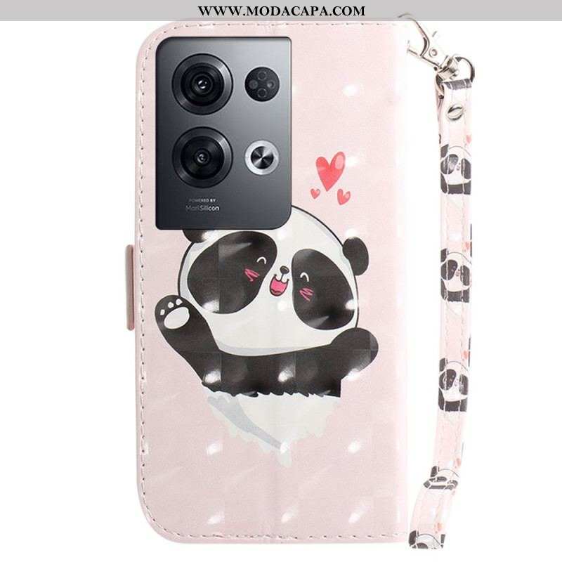 Capa Flip Para Oppo Reno 8 Pro Panda Love Com Cordão