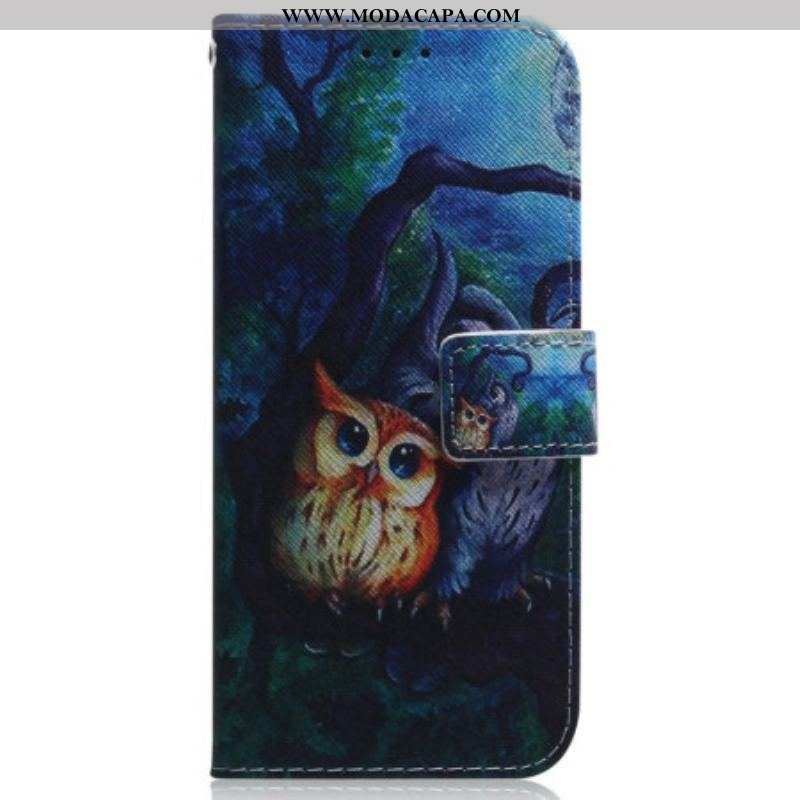 Capa Flip Para Oppo Reno 8 Pro De Cordão Pintura De Corujas Strappy