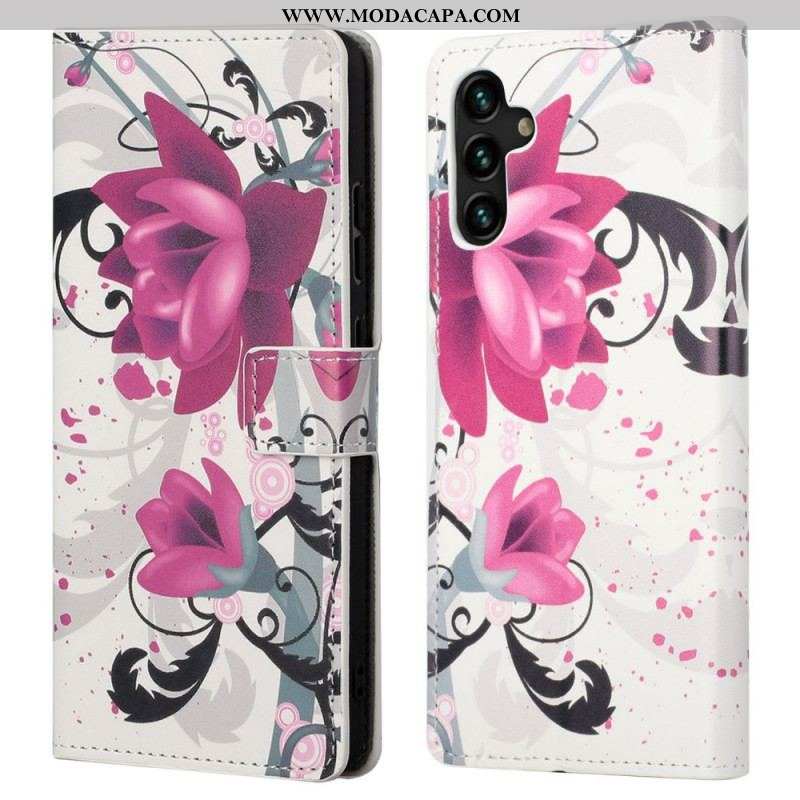 Capa De Couro Para Samsung Galaxy A13 5G / A04s Flores Tropicais