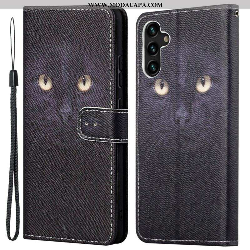 Capa De Couro Para Samsung Galaxy A13 5G / A04s De Cordão Olhos De Gato Preto Com Tiras