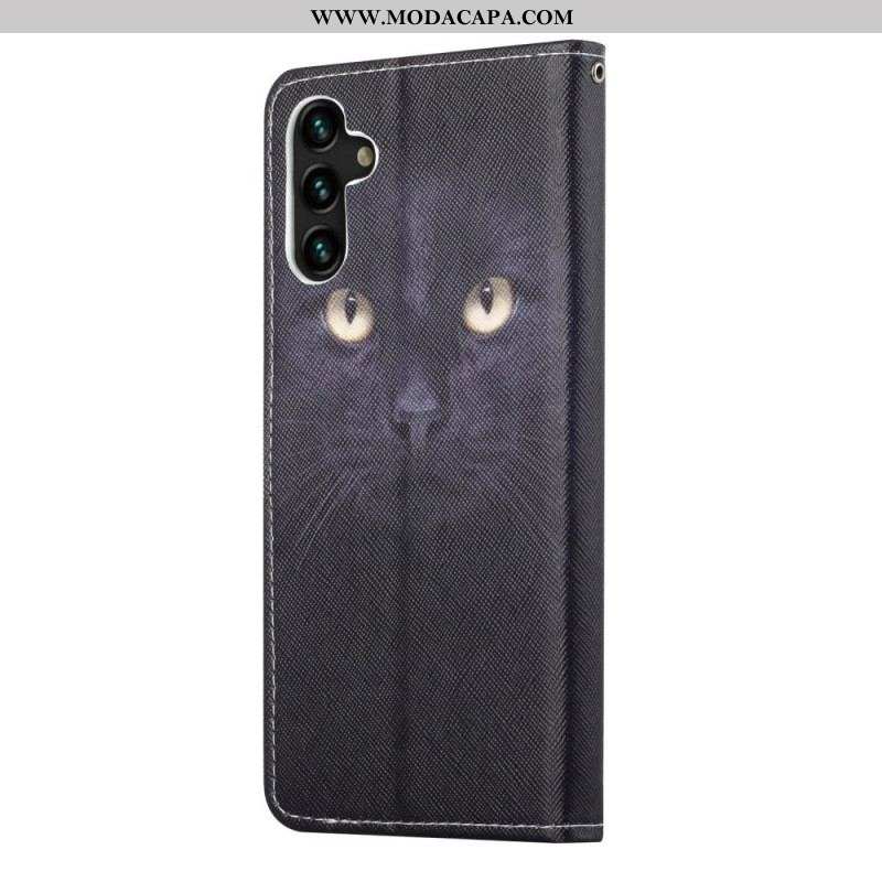 Capa De Couro Para Samsung Galaxy A13 5G / A04s De Cordão Olhos De Gato Preto Com Tiras