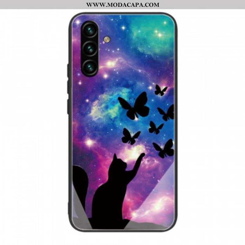 Capa Para Samsung Galaxy A13 5G / A04s Gato De Vidro Temperado E Borboletas No Espaço