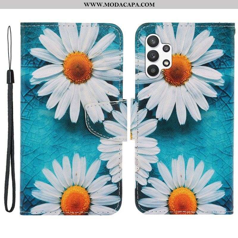 Capa Flip Para Samsung Galaxy A13 De Cordão Fio Dental Margaridas