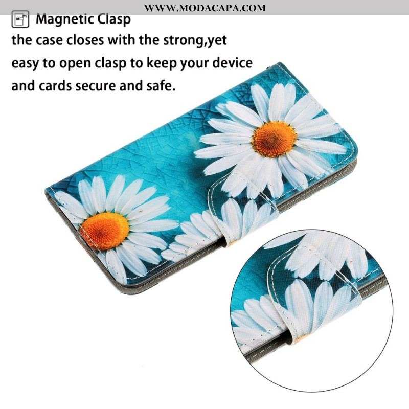 Capa Flip Para Samsung Galaxy A13 De Cordão Fio Dental Margaridas