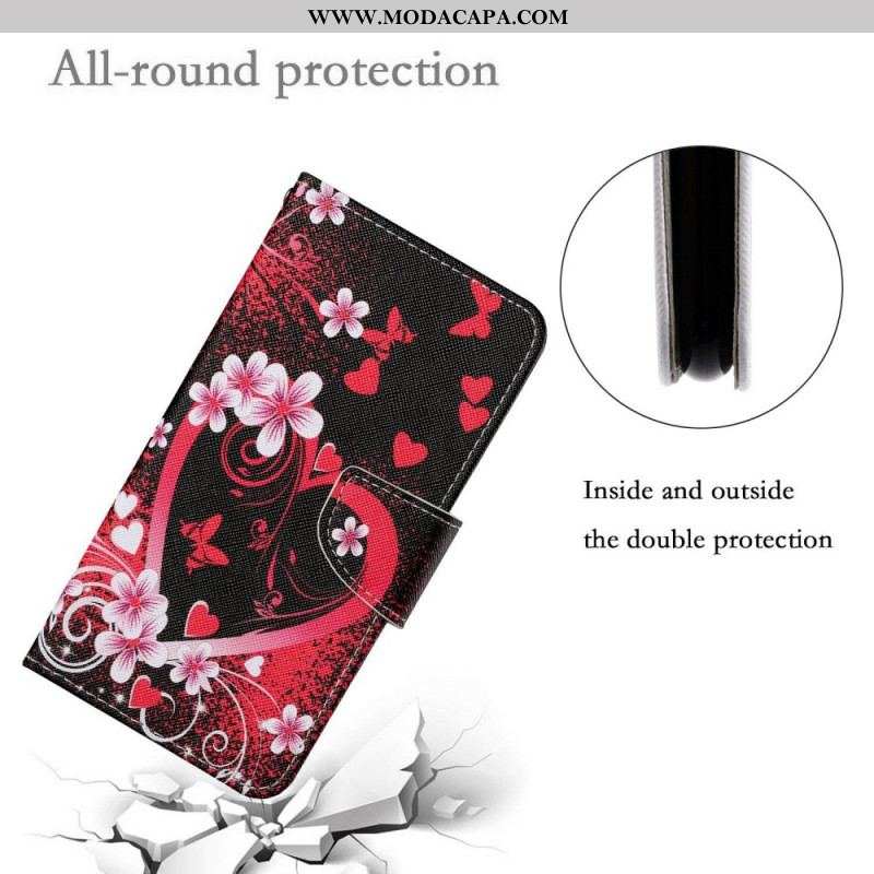 Capa De Couro Para Samsung Galaxy A13 Flores E Corações Com Cordão