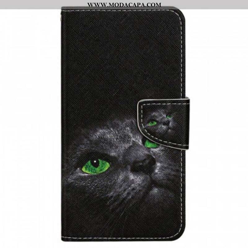 Capa De Couro Para Samsung Galaxy A13 De Cordão Gato De Olhos Verdes Com Alça