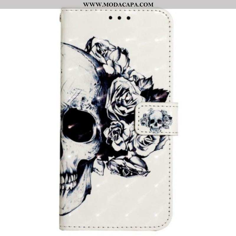 Capa Em Pele Para Samsung Galaxy A13 De Cordão Caveira Floral Com Alça