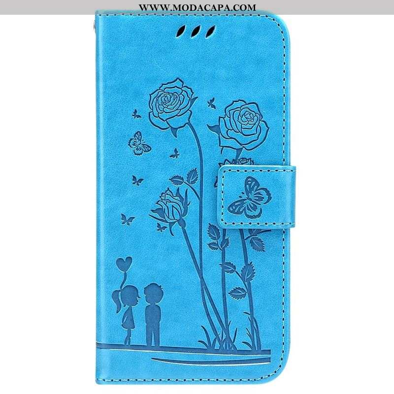 Capa Folio Para Samsung Galaxy A13 De Cordão Rosas Românticas Com Alça