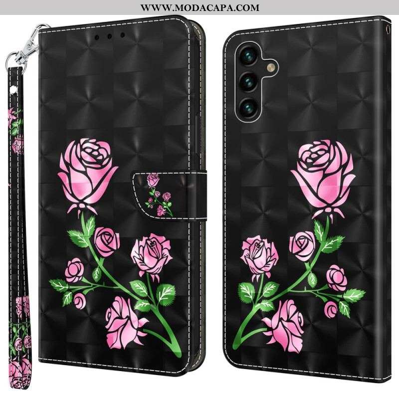 Capa De Couro Para Samsung Galaxy A14 / A14 5G De Cordão Rosas De Alça